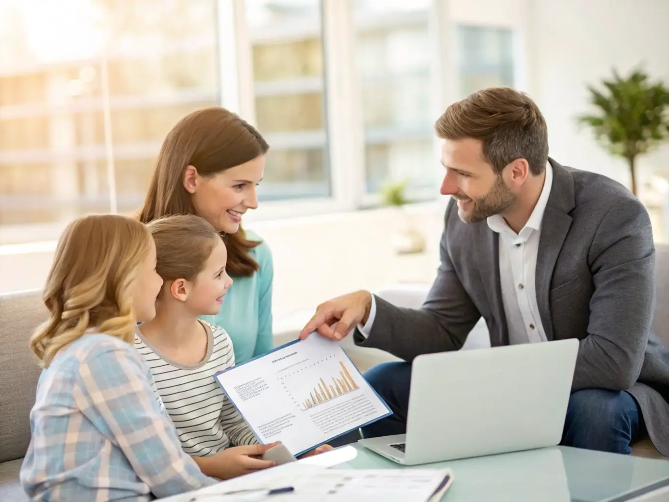 A family reviewing financial documents with a consultant in a cozy, well-lit office.