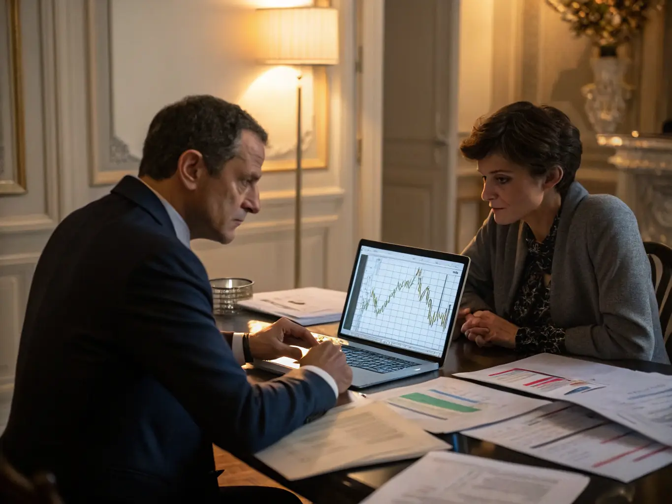 A professional financial advisor discussing wealth plans with a client in a modern office setting.