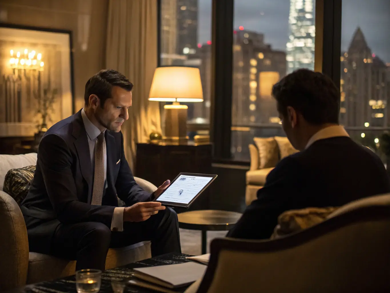 An image of a financial advisor analyzing investment portfolios on a digital tablet with South African cityscape in the background.
