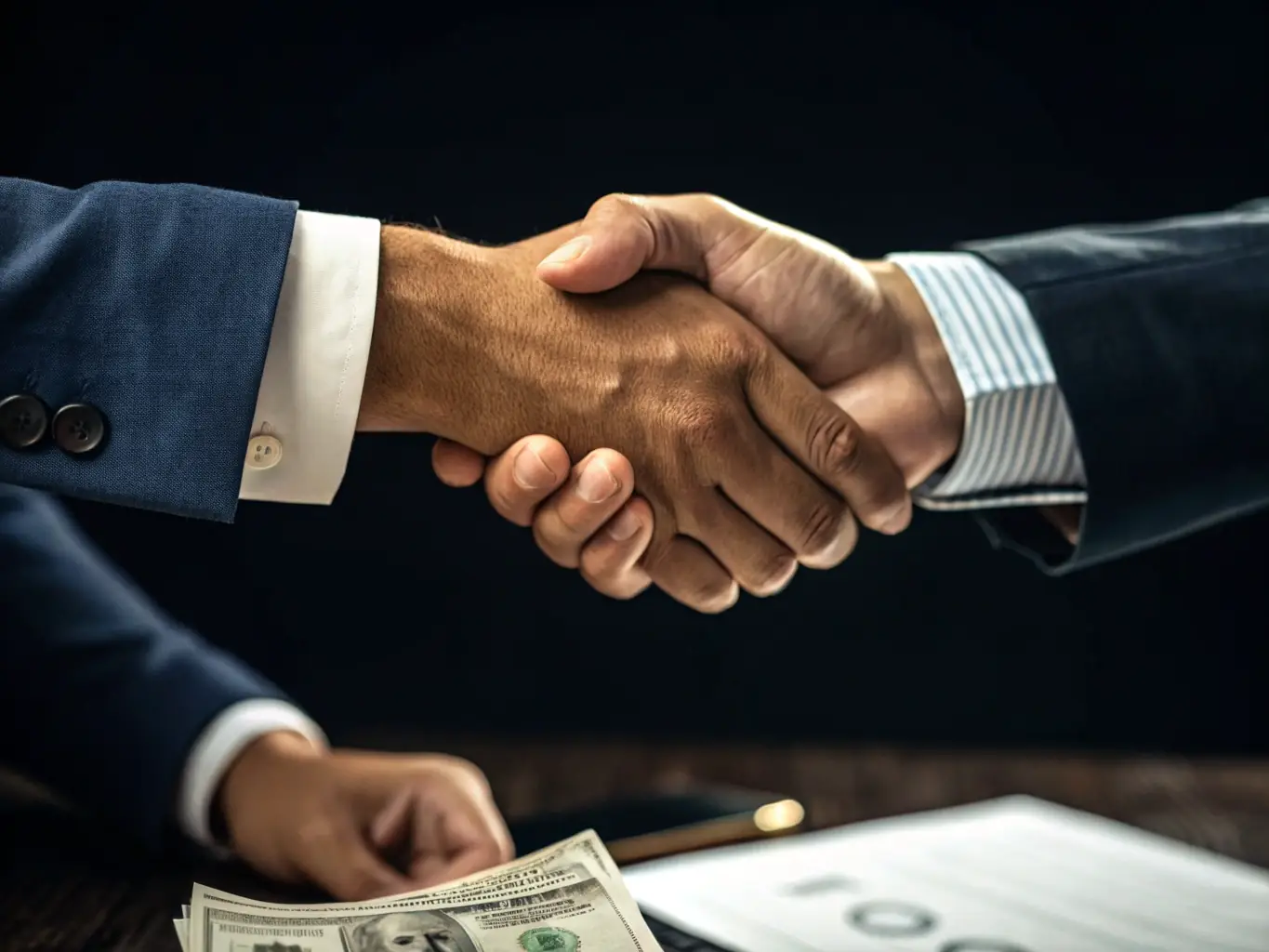 A close-up shot of a financial consultant shaking hands with a client, symbolizing trust and partnership, set against the backdrop of a modern office in Johannesburg.