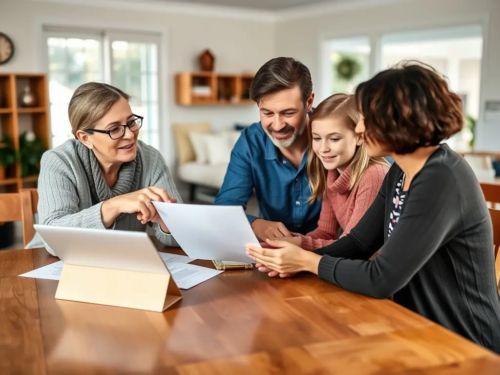 A family is sitting together, planning their financial future with the help of a financial advisor, using charts and graphs to visualize their goals.